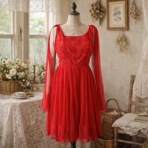 Vintage 1950s Jody Petite New York, Red Lace Dress